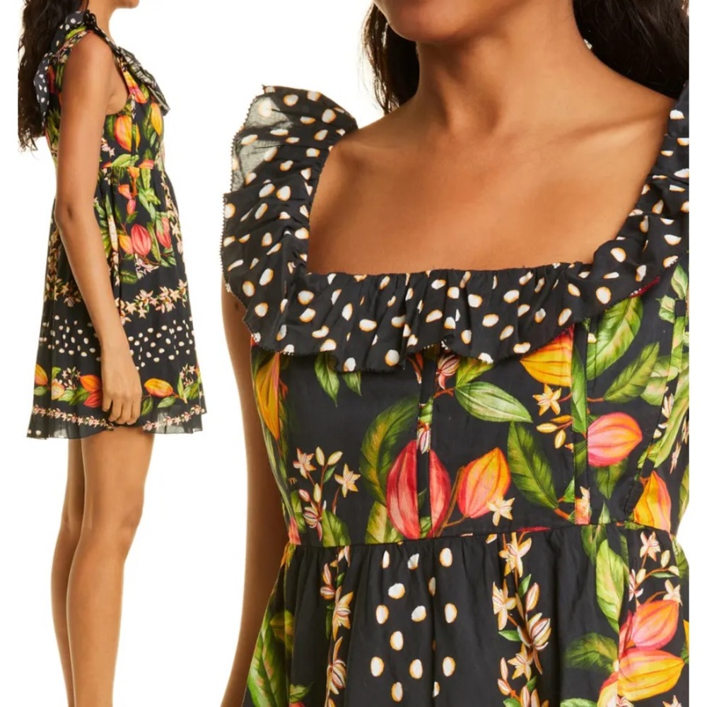 FARM Rio Black Tropical Mini Dress with Orange & Green Floral Print